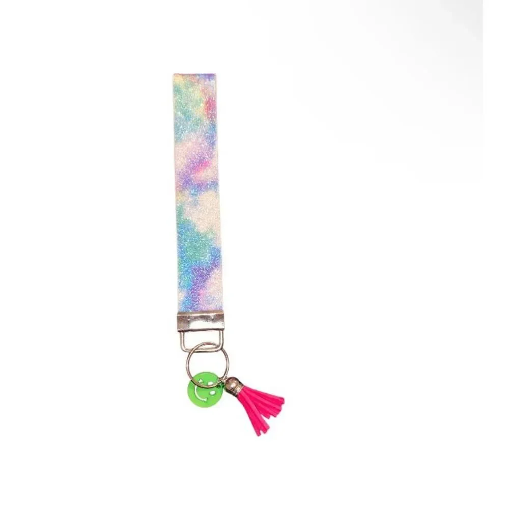 ☀️3/$9☀️ Tye Dye and Glitter Keychain Wristlet w/ Smiley Face Charm and Tassel